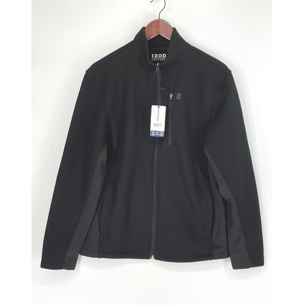 NWT IZOD Mens Jacket S Full Zip Black Performance Waffle Knit Fleece Lined